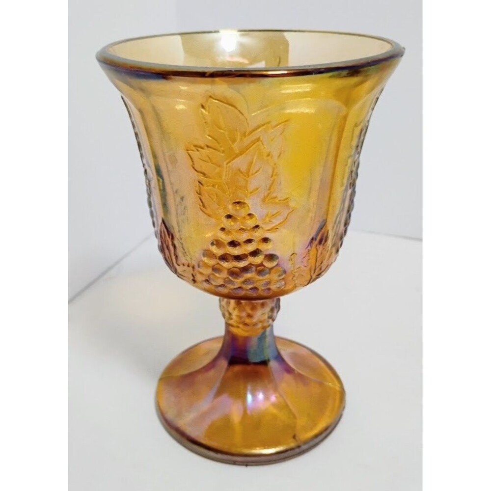 VINTAGE 70’S INDIANA CARNIVAL GLASS MARIGOLD HARVEST GRAPE 5 ¼” GOBLETS SET OF 3 - Picture 4 of 7